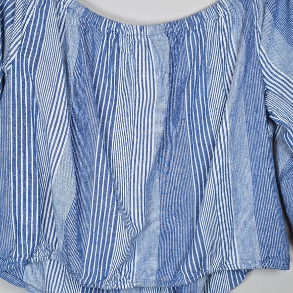 American Eagle Linen Blend Cropped Button Up Front Tie Top Stripe Puff Sleeve XL - Picture 7 of 9